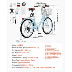 KFFKFF 24" Cruiser Bike, 7 - Speed, Sky Blue Coastal Cycle with Spacious Basket and Back Stand, Reliable & Robust Leisure Bicycle with Modifiable Saddle