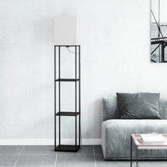 Modern Iron Shelf Floor Lamp with 3 - Way Dimmable LED Bulb, Shelves and White Shade for Living Room and Bedroom(Black)