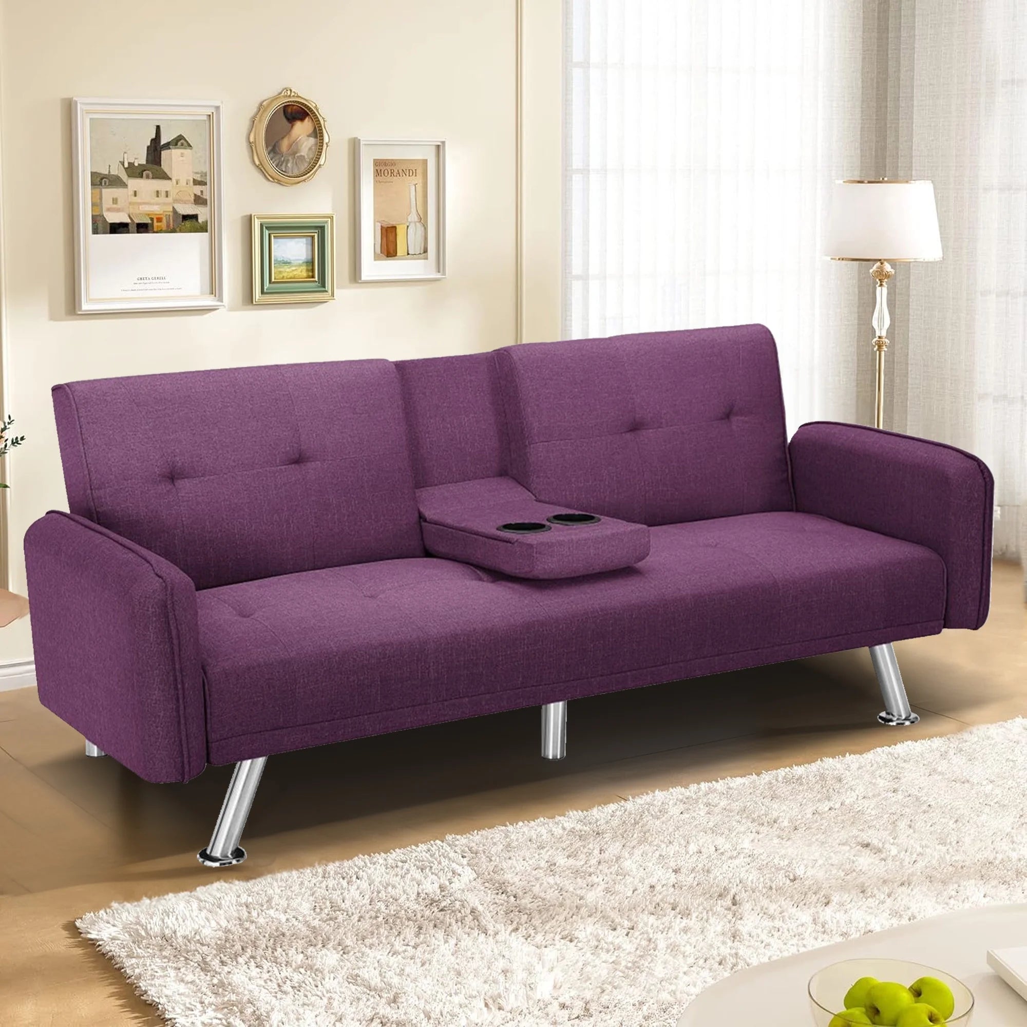 Aukfa 75" Square Arm Futon Convertible Sofa Bed for Home Office, 2 Cup Holders, Linen, Dark Gray