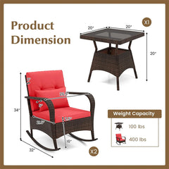 3-Piece Outdoor Wicker Rocking Chair Set, Rattan Bistro Rocker Furniture with Cushions & Pillows, Tempered Glass Coffee Table for Porch Balcony