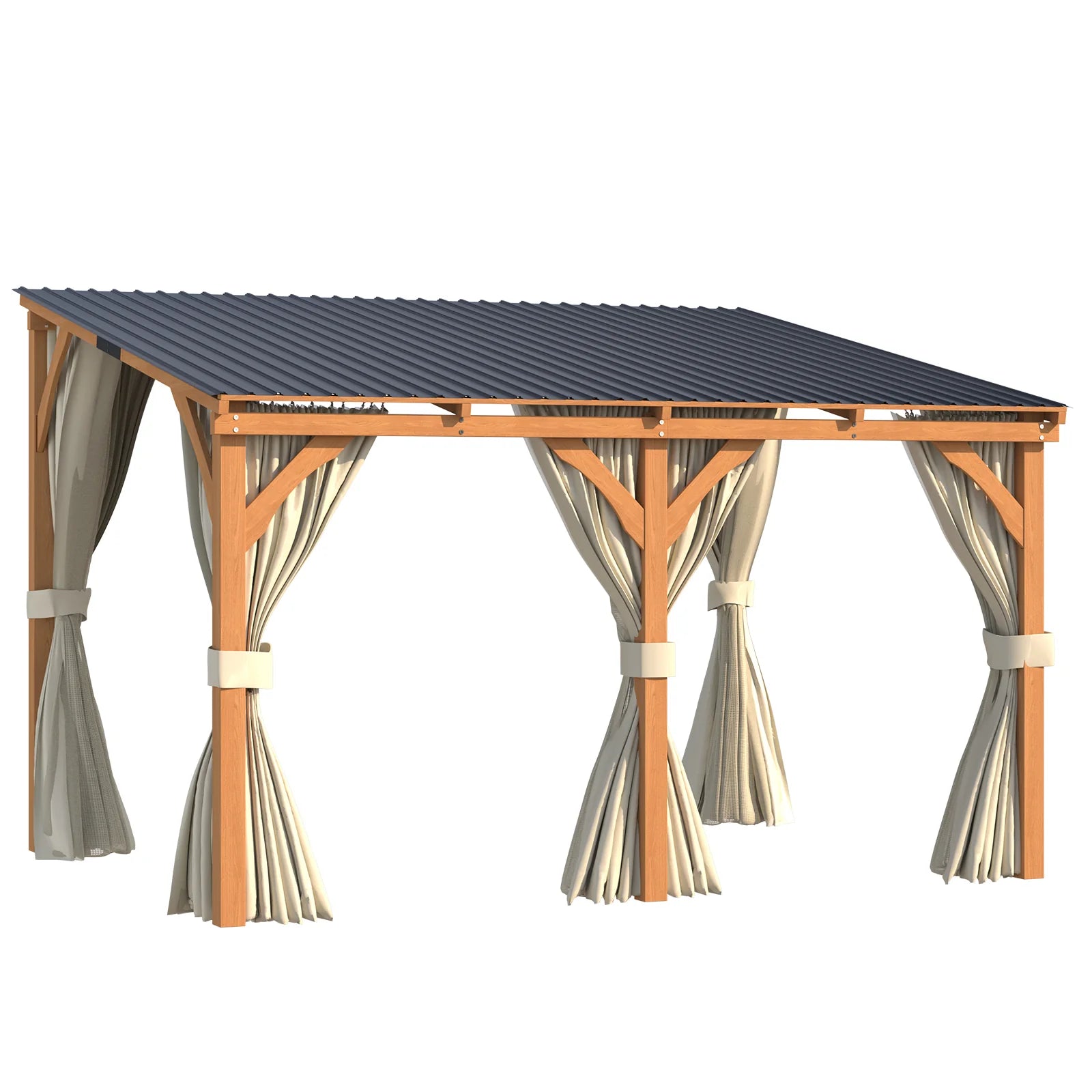 AECOJOY 12x10 Outdoor Wooden Pergola Gazebo with Curtains and Netting for Patio
