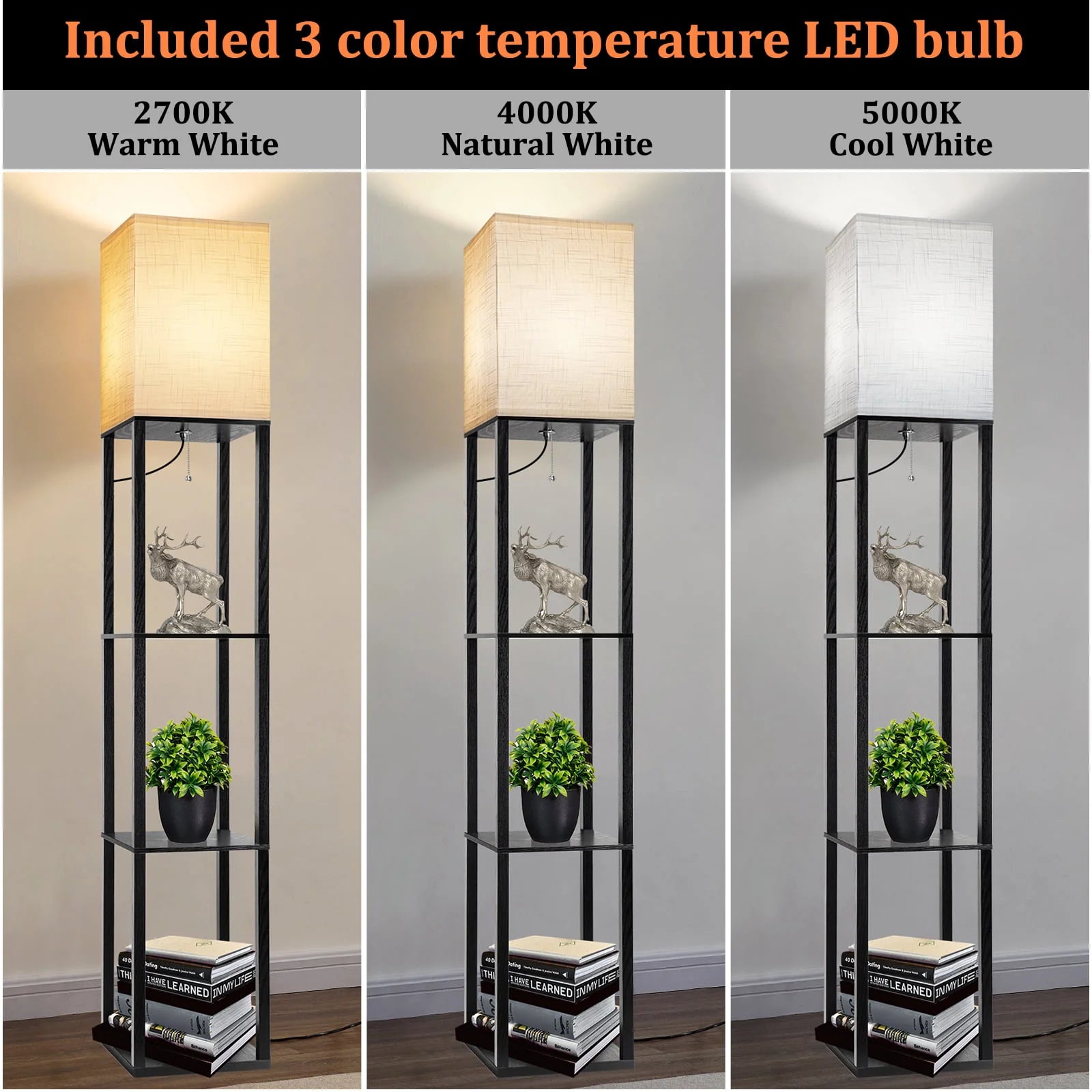 63" Shelf Floor Lamps with Shelves for Living Room Bedroom Office AVV Wood Modern Standing Lamps Black