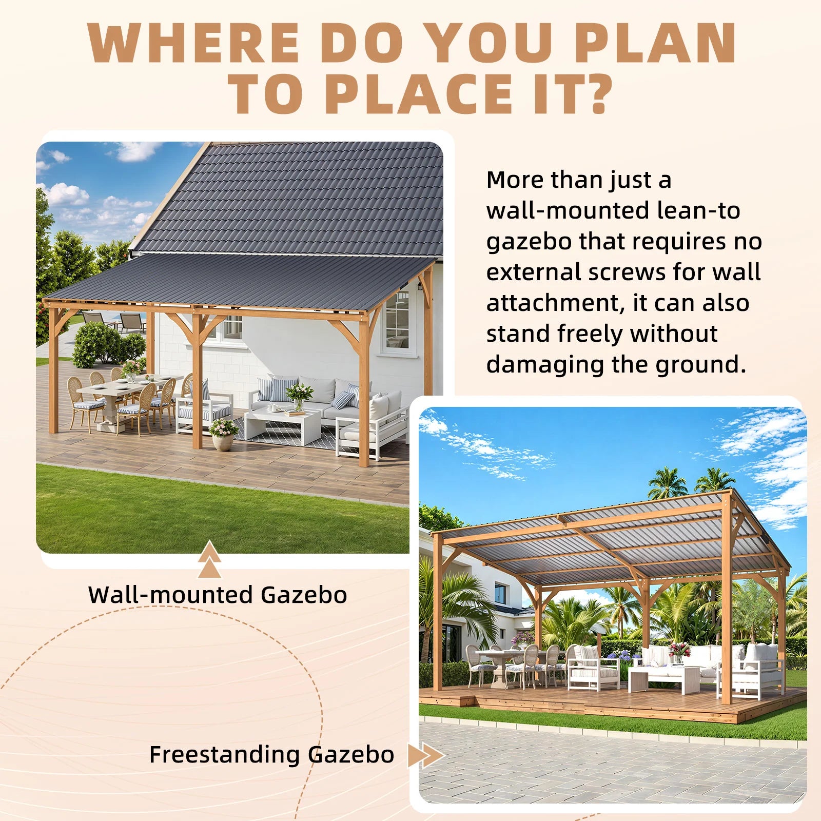AECOJOY 16' x 10' Outdoor Wooden Gazebo, Patio Lean to Hardtop Pergolas and Gazebos
