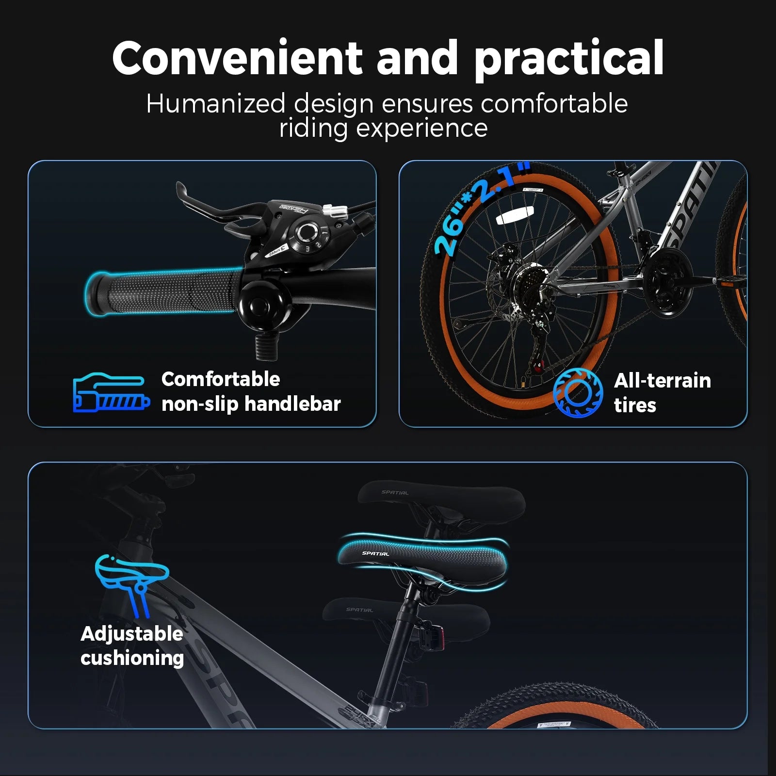 SPATIAL 24/26/27.5/29 in Mountain Bike, 8/21 Speed Lightweight Aluminum Magensium Frame Mountain Bicycle, Fits Men Women Teenagers Adult Disc Brake MTB Bicycle