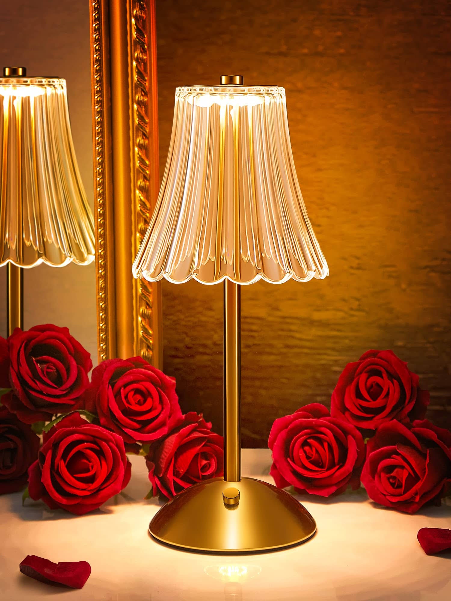 Vintage Lamp Flower Lamp, 3 Colors Nightstand Lamp Bedside Lamp, Battery Operated Lamp Cordless Lamp, Dimmable Bedside Lamps, Cordless Table Lamp