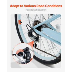 KFFKFF 24" Cruiser Bike, 7 - Speed, Sky Blue Coastal Cycle with Spacious Basket and Back Stand, Reliable & Robust Leisure Bicycle with Modifiable Saddle