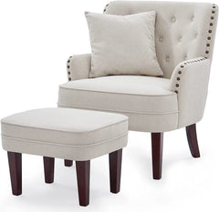 GERICCO Accent Chair with Ottoman Set, Club Armchair Indoor, Comfy Reading Chair and Ottoman for Bedroom Living Room, with Bronzer Nail Head Trim Wooden Legs(Beige)