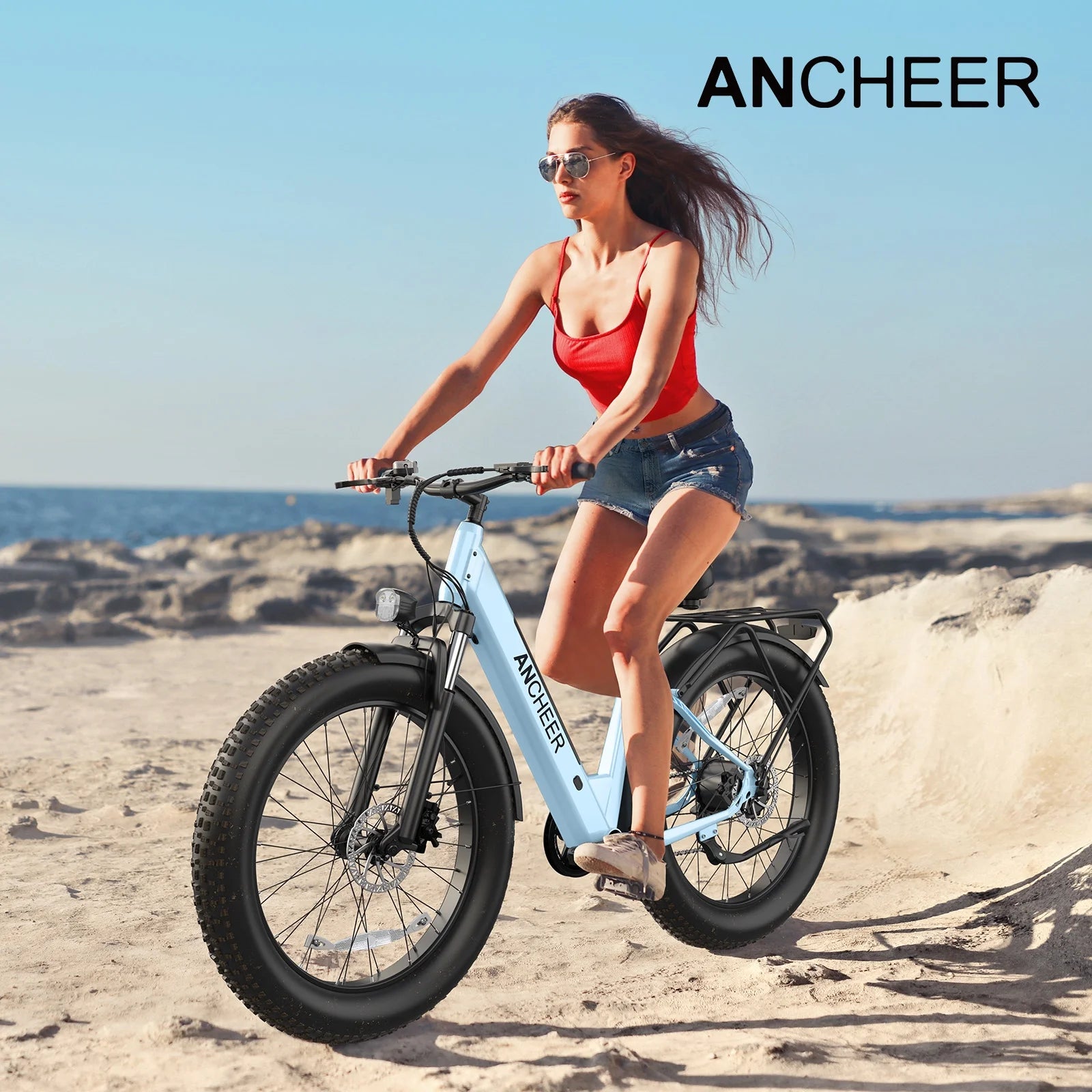 ANCHEER Electric Bike for Adults, 750W Ebike, 28MPH 60miles Electric Mountain Bike, 26" Fat Tire Electric Bicycle with 48V 15AH Battery, Rear Rack, Lockable Suspension Fork, 7 Speed, UL2849