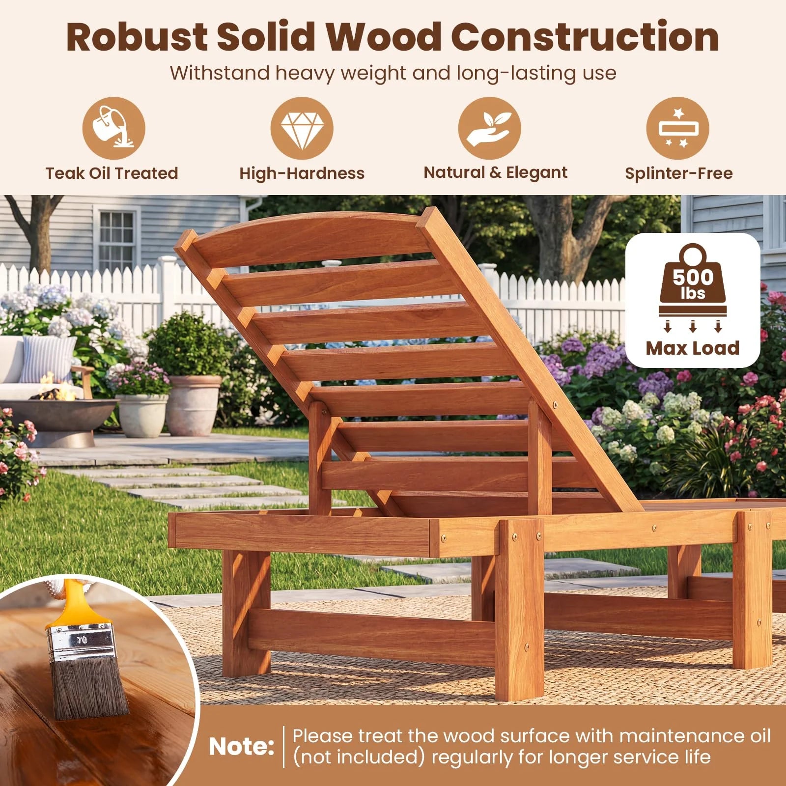 Tangkula Solid Wood Patio Chaise Lounge with 5-Level Adjustable Backrest (1/2)
