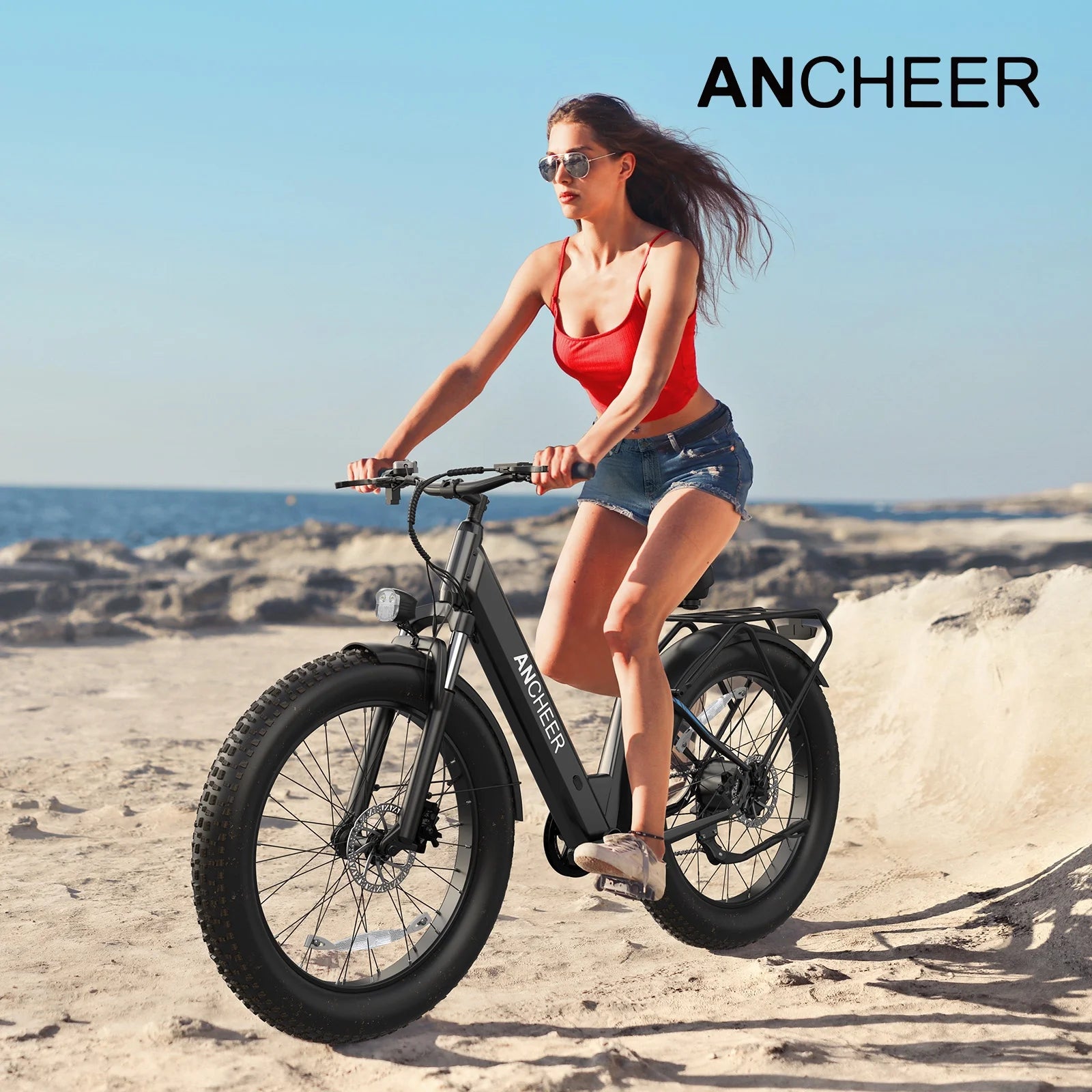 ANCHEER Electric Bike for Adults, 750W Ebike, 28MPH 60miles Electric Mountain Bike, 26" Fat Tire Electric Bicycle with 48V 15AH Battery, Rear Rack, Lockable Suspension Fork, 7 Speed, UL2849