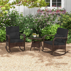 3-Piece Outdoor Wicker Rocking Chair Set, Rattan Bistro Rocker Furniture with Cushions & Pillows, Tempered Glass Coffee Table for Porch Balcony