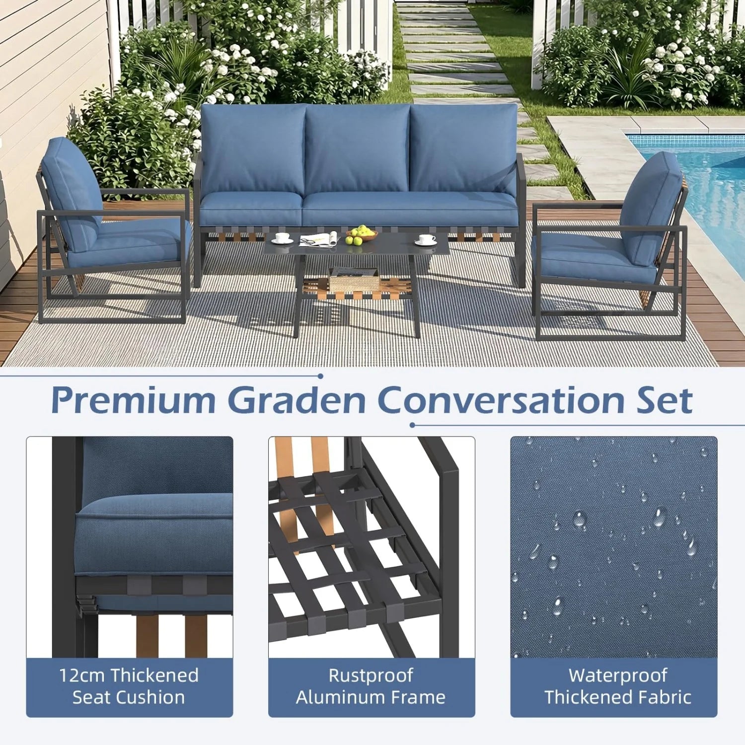 AECOJOY 4-Piece Outdoor Garden Furniture Set, 3-Seater Sofa & 2 Armchairs with Glass Coffee Table, Dark Blue