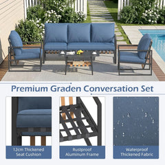 AECOJOY 4-Piece Outdoor Garden Furniture Set, 3-Seater Sofa & 2 Armchairs with Glass Coffee Table, Dark Blue