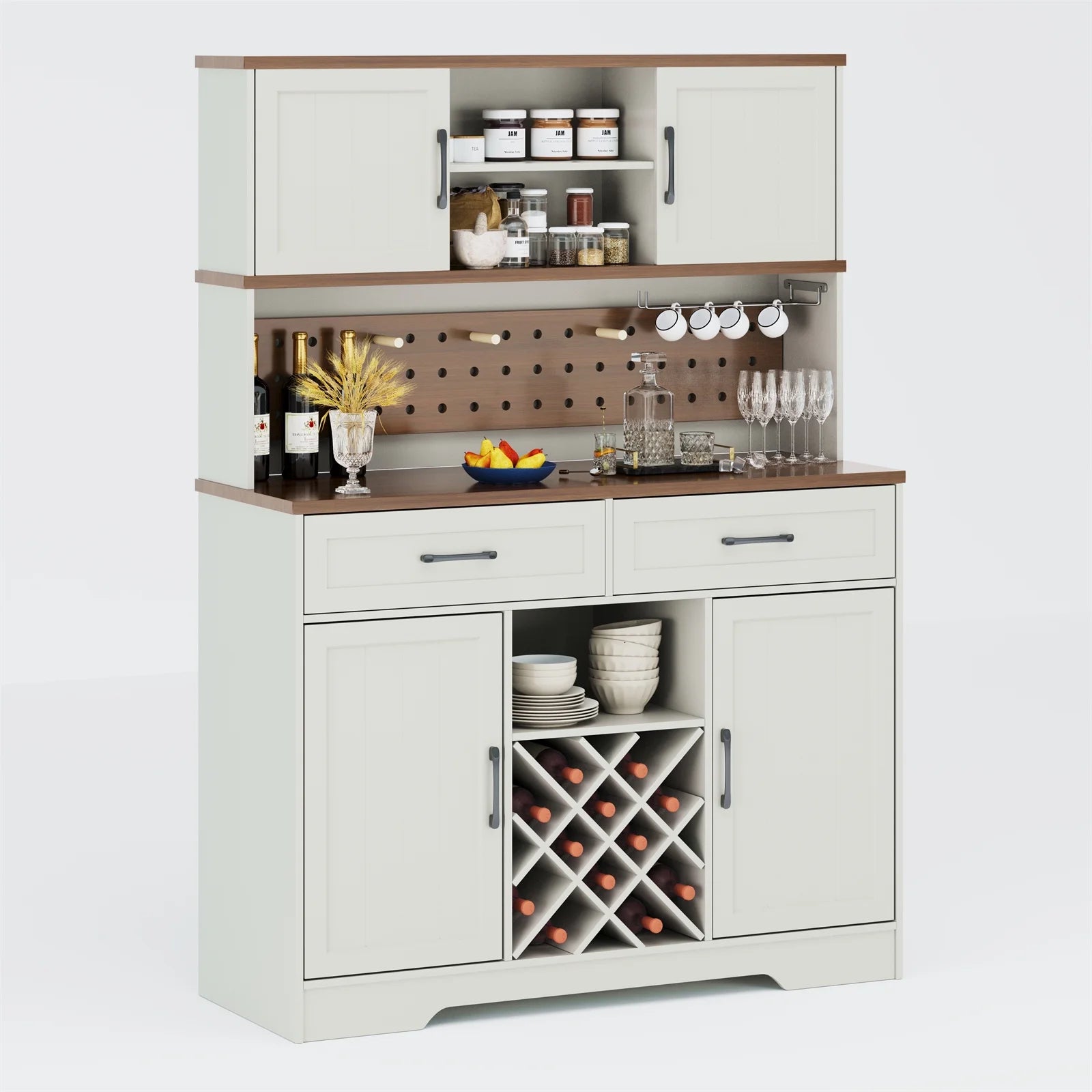 LAFGUR 72" Kitchen Storage Cabinet with Power Outlet & LED Light, Coffee Bar Cabinet with Drawers & Wine Glass Rack, Sideboard for Home, White