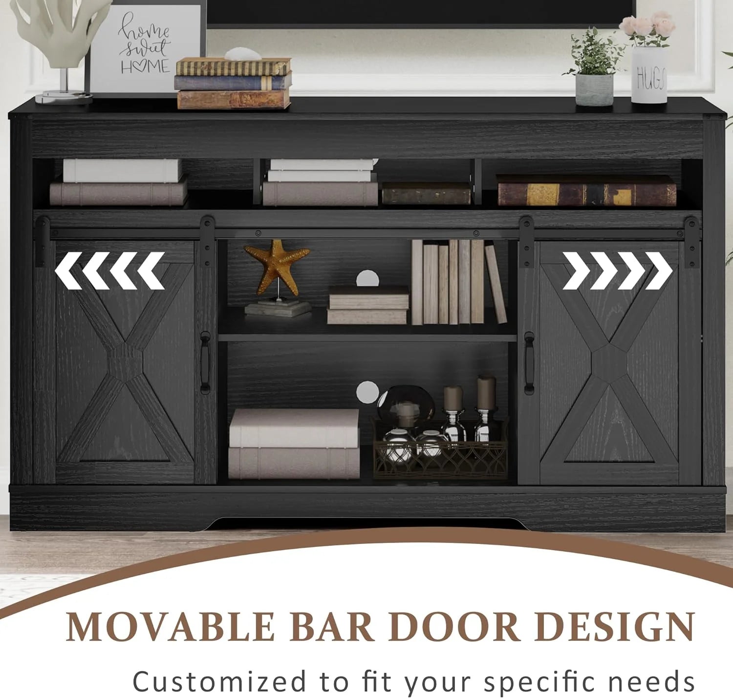 Mayincolor Farmhouse TV Stand for 65+ Inch TV, 34'' Tall Entertainment Center with Sliding Barn Doors, Rustic Wood Media Console Storage Cabinet Television Stand for Living Room, Light Grey