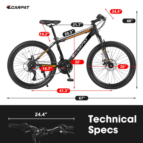 26 in Mountain Bike, Shimano 21 Speeds W/Mechanical Disc Brakes, High - Carbon Steel Frame, Suspension MTB Bikes Mountain Bicycle for Adult & Teenagers