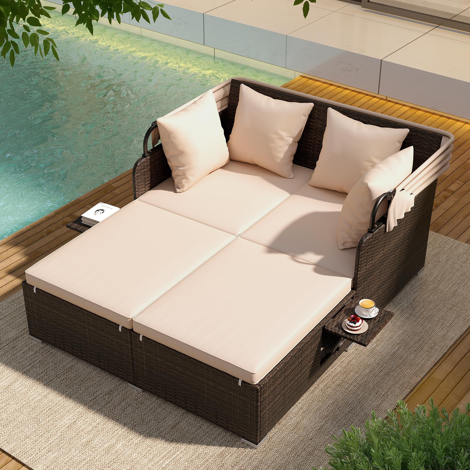 Tangkula Patio Rattan Daybed with Retractable Canopy