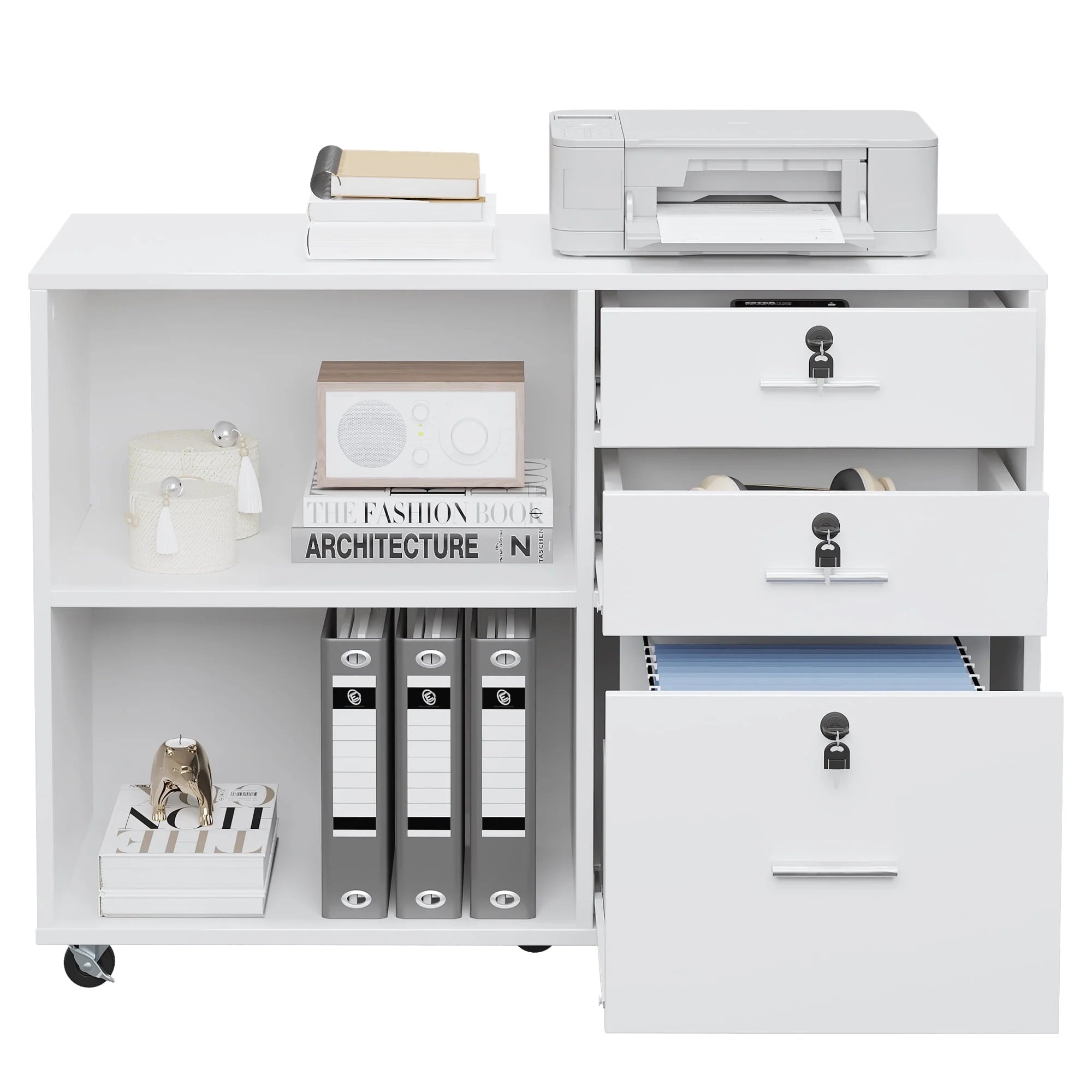 DEXTRUS 3 Drawer Wood Lateral Filing Cabinet with Locks, Printer Stand Storage File Cabinet with Shelves for Home Office, White