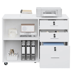 DEXTRUS 3 Drawer Wood Lateral Filing Cabinet with Locks, Printer Stand Storage File Cabinet with Shelves for Home Office, White