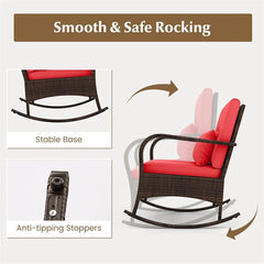 3-Piece Outdoor Wicker Rocking Chair Set, Rattan Bistro Rocker Furniture with Cushions & Pillows, Tempered Glass Coffee Table for Porch Balcony