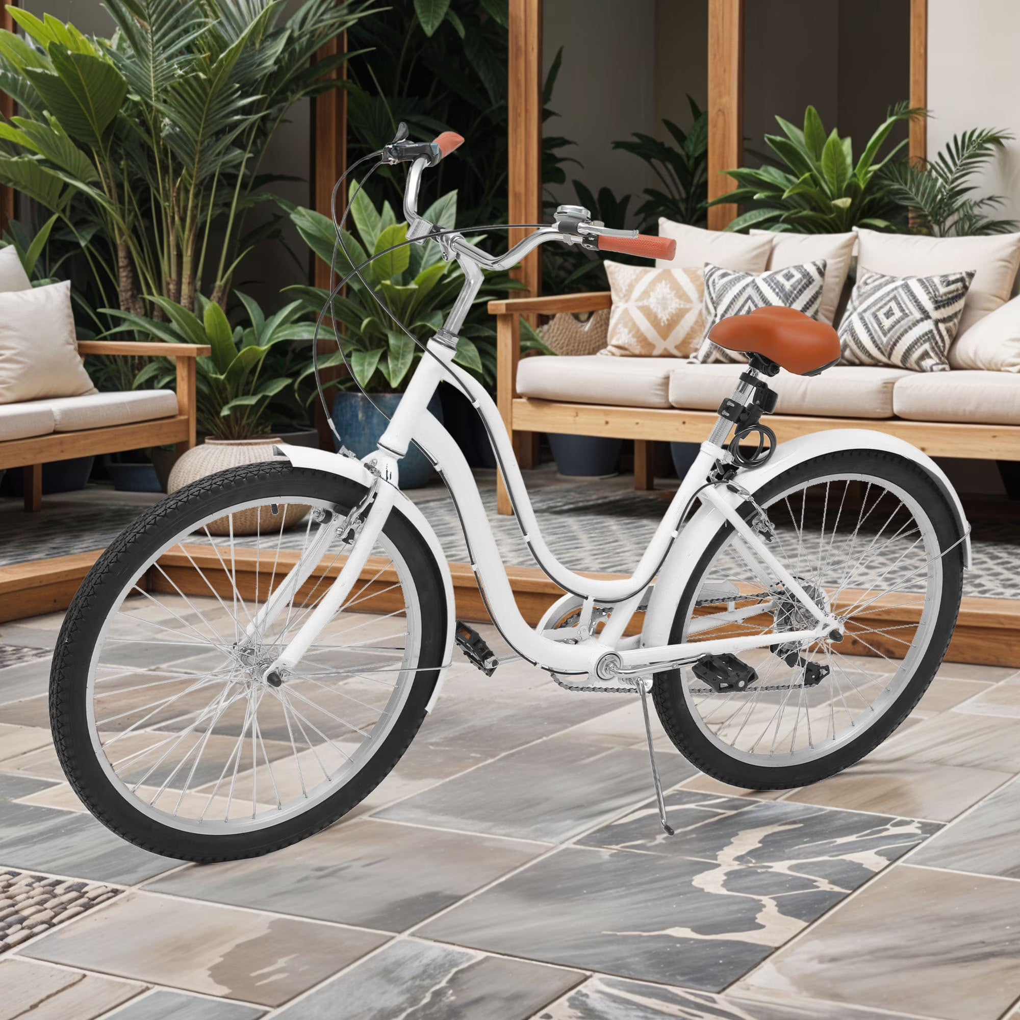 Uforic24'' Beach Cruiser Bike, 7 - Speed, Step - Through Bicycle for Men & Women, Steel Frame, Mint Green
