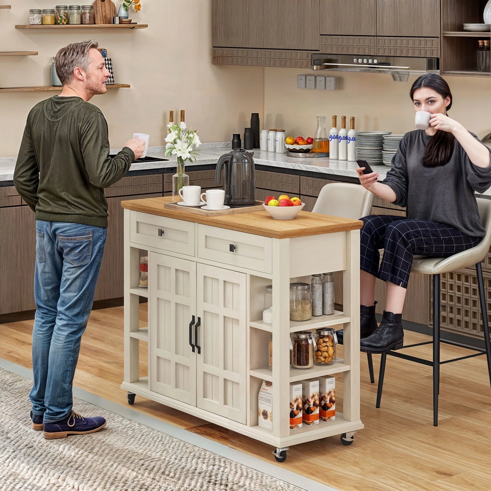 Uforic Kitchen Island Cart, Kitchen Storage Cart with Drawers & Storage Shelves, Off - White