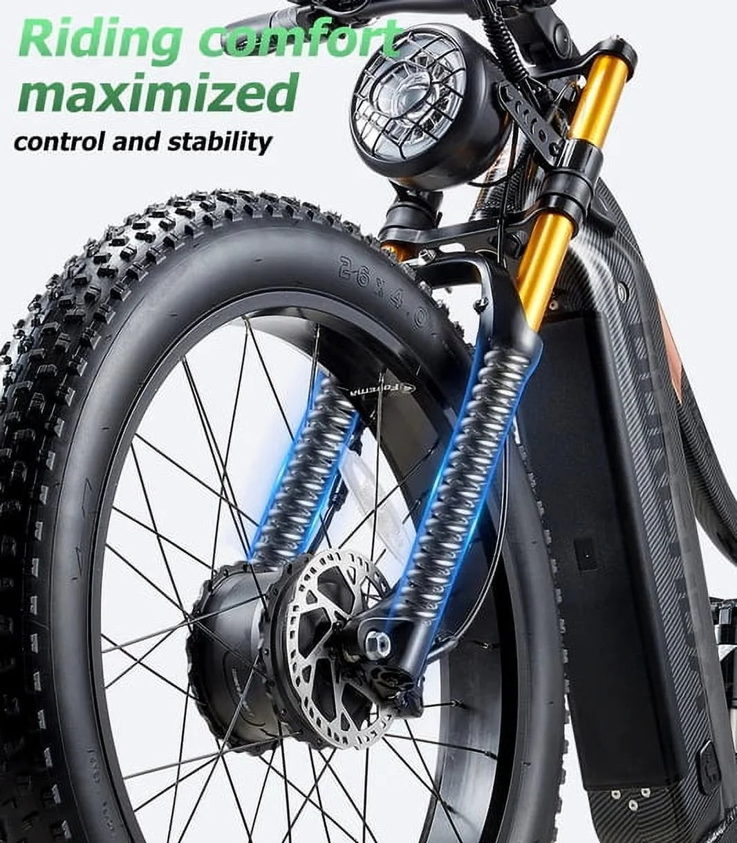 Dual Motors AWD 2000W Electric Bike for Adult 26'', UL2849 48V 60AH Removable Battery E - Mountain Bike 4'' Fat Tire up to 35MPH&200miles Long Range Off Road Ebike Beach Dual Hydraulic&Brakes E - Bicycle