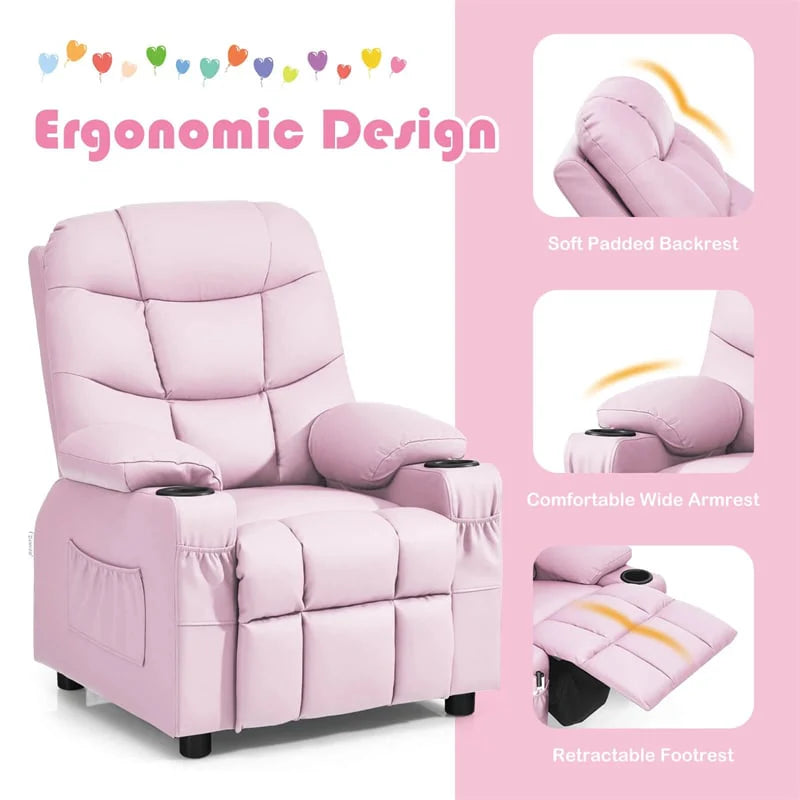 Kids Recliner Chair PU Leather Adjustable Lounge Sofa with Cup Holder, 3 Pockets & Retractable Footrest, Ergonomic Toddler Furniture Sofa
