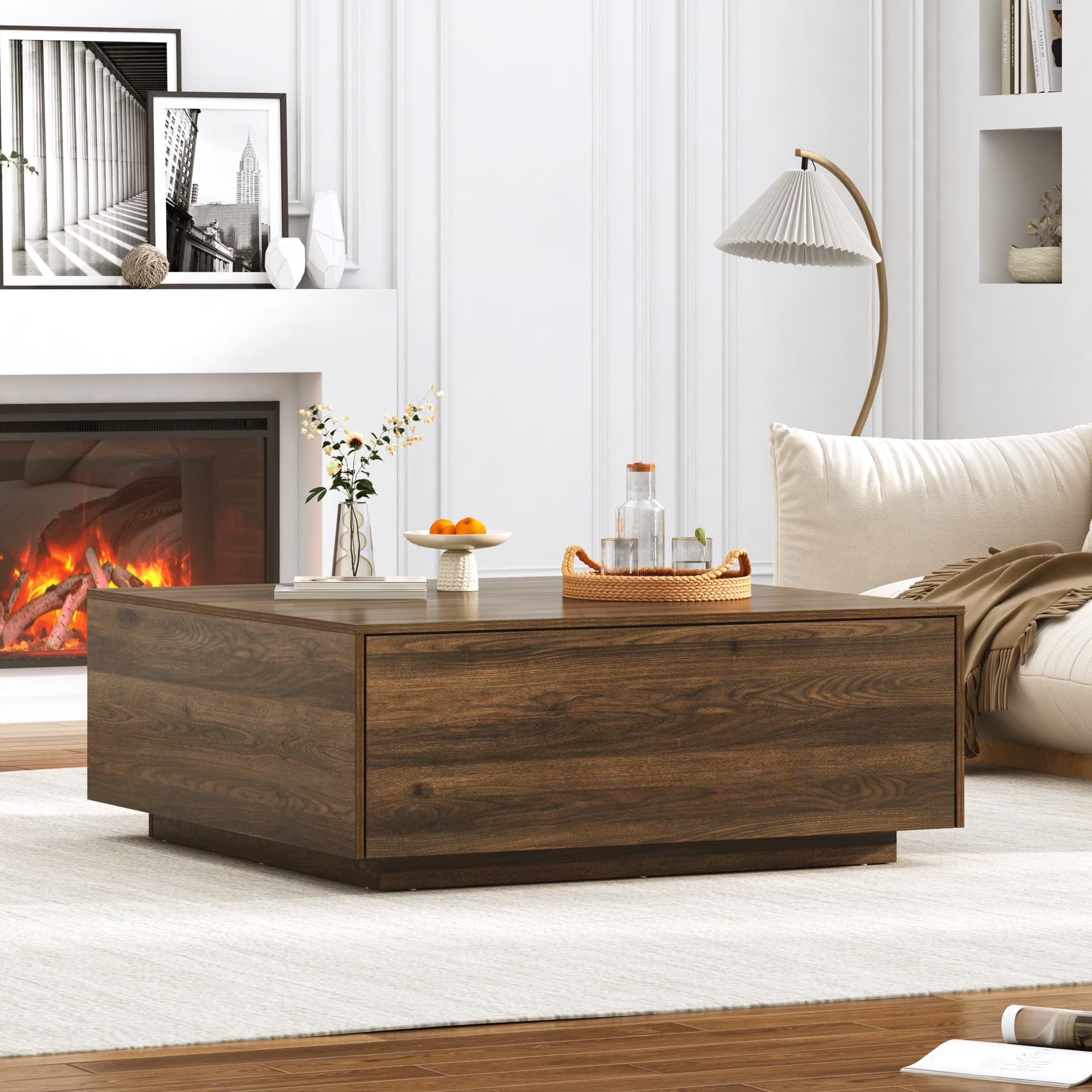 Blotout Square Coffee Table with 2 Large Drawers, 43" Mid Century Modern Coffee Table with Storage, Wood Cocktail Table Center Table with Storage for Living Room, Wood Grain