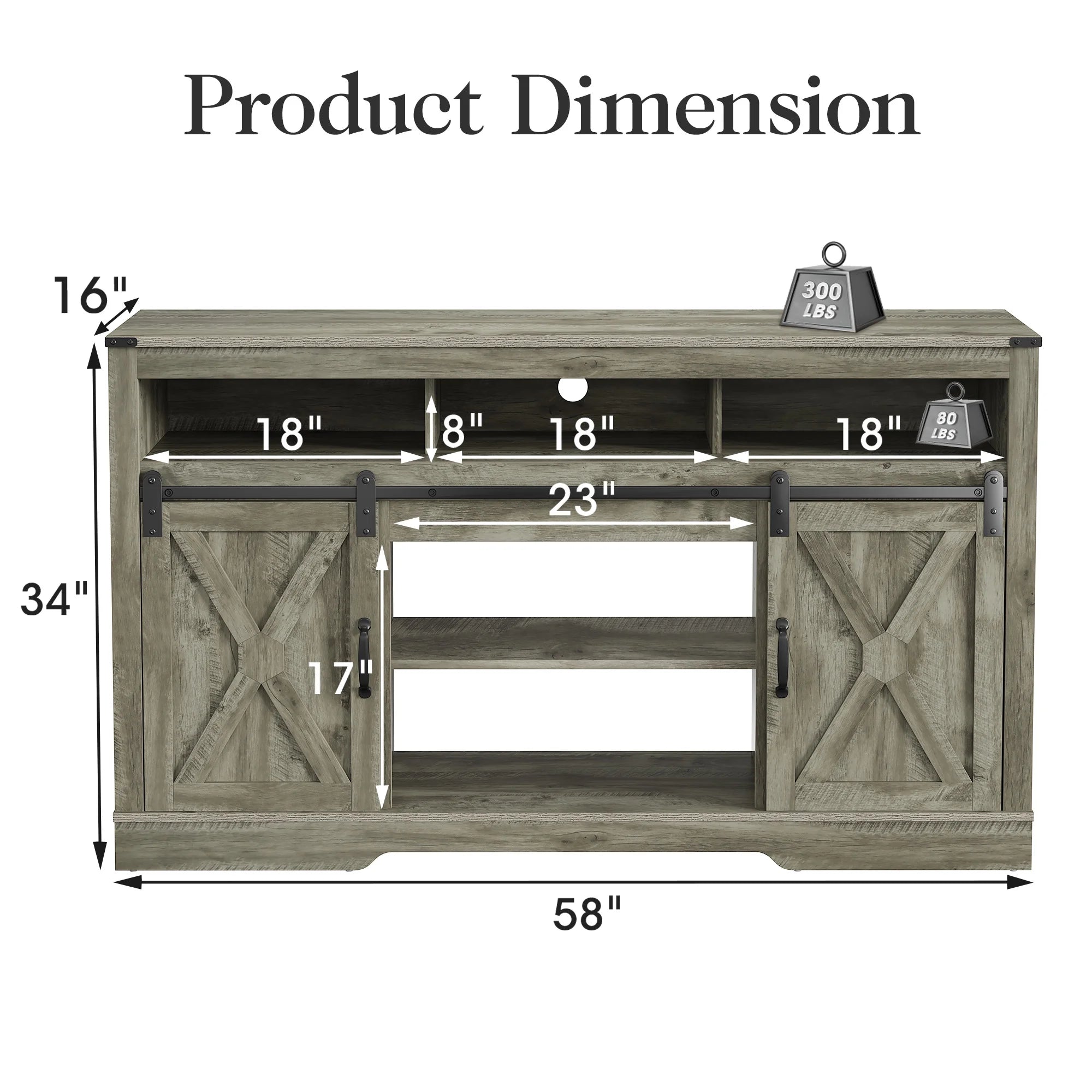 Mayincolor Farmhouse TV Stand for 65+ Inch TV, 34'' Tall Entertainment Center with Sliding Barn Doors, Rustic Wood Media Console Storage Cabinet Television Stand for Living Room, Light Grey