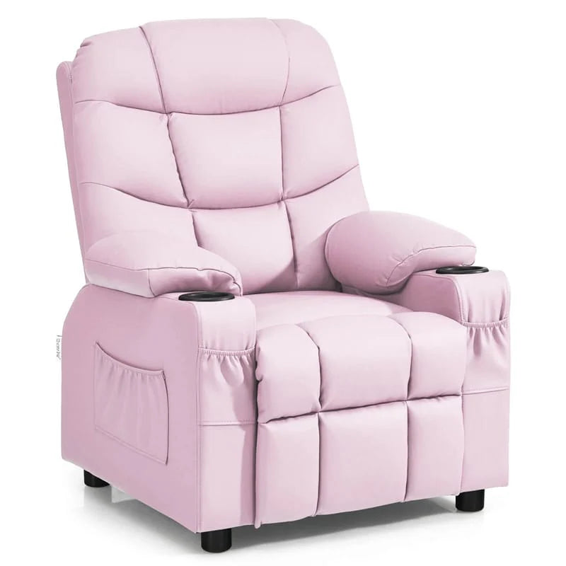 Kids Recliner Chair PU Leather Adjustable Lounge Sofa with Cup Holder, 3 Pockets & Retractable Footrest, Ergonomic Toddler Furniture Sofa