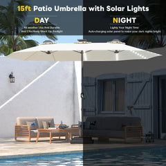 AECOJOY 15ft Patio Double-Sided Umbrella, 156 PCS Solar LED Light Outdoor Large Umbrella, Ivory