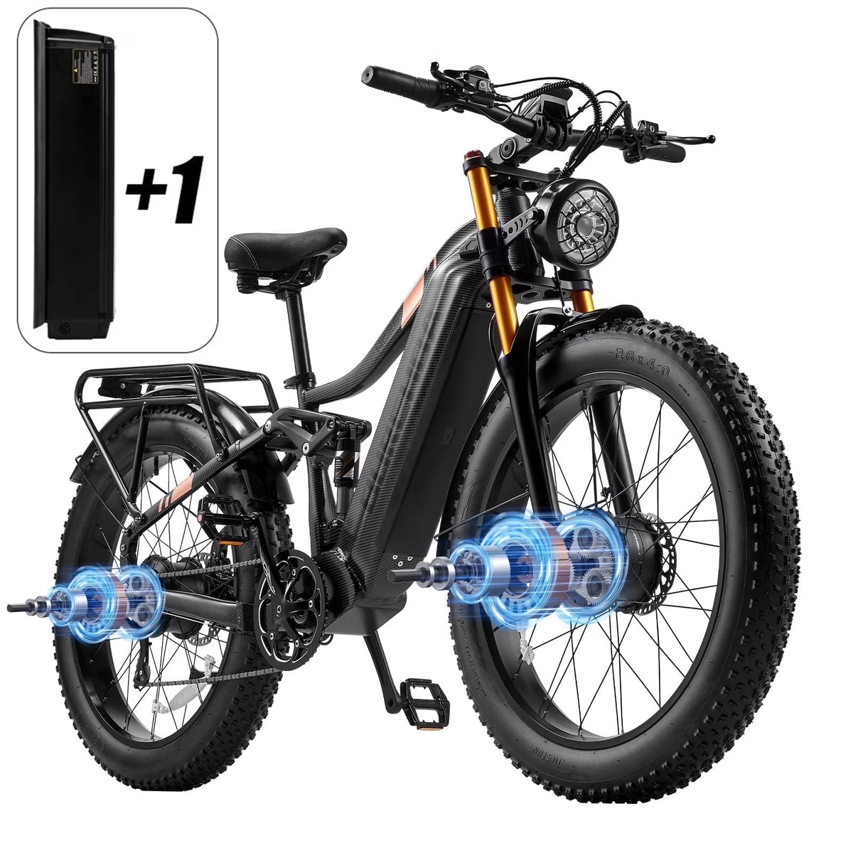Dual Motors AWD 2000W Electric Bike for Adult 26'', UL2849 48V 60AH Removable Battery E - Mountain Bike 4'' Fat Tire up to 35MPH&200miles Long Range Off Road Ebike Beach Dual Hydraulic&Brakes E - Bicycle