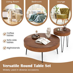 Boho Farmhouse Round Coffee Table Set of 2, Solid Pine Wood Nesting End Table with Metal Legs, Adjustable Foot Pads for Living Room