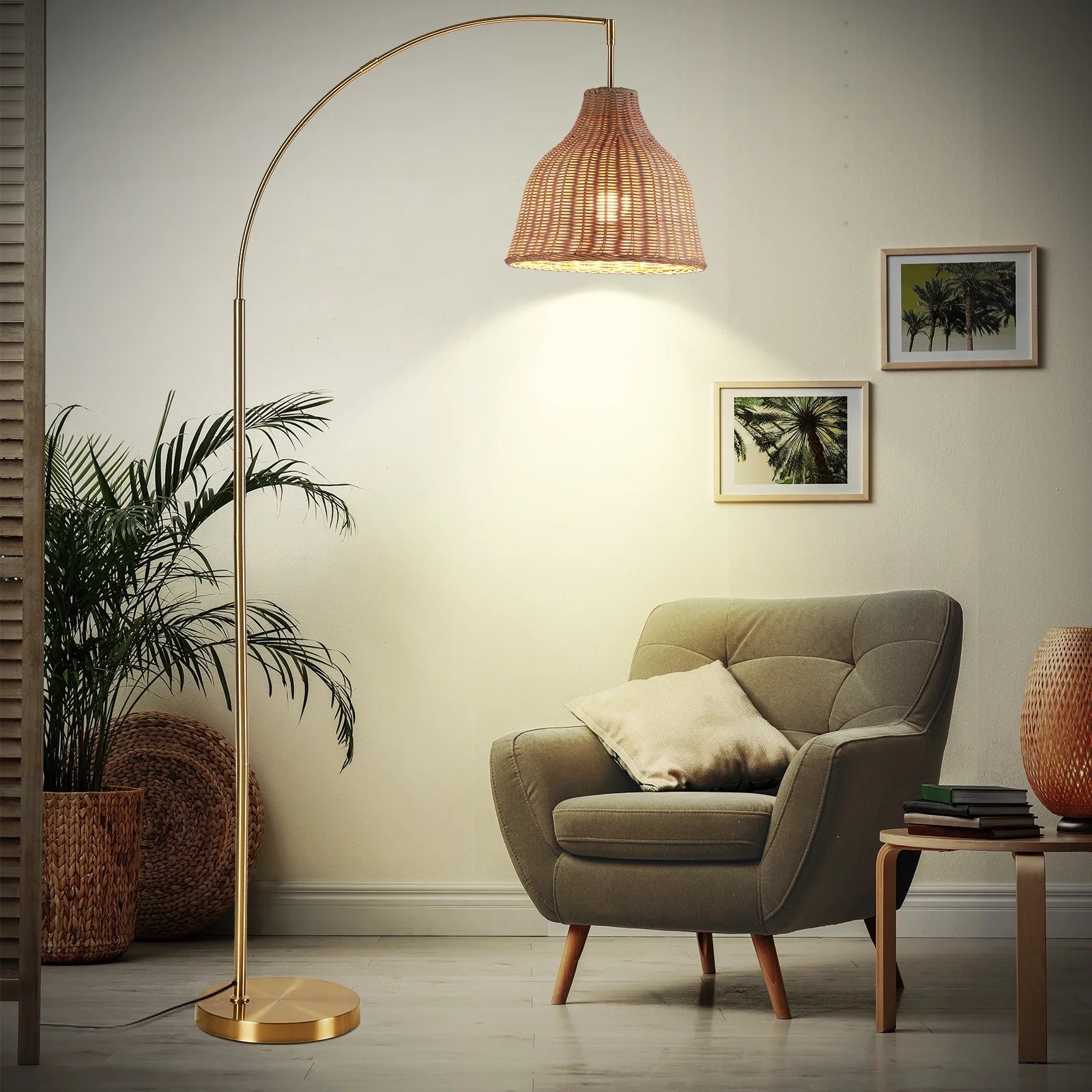SUNMORY 72 in Arched Rattan Floor Lamp, Fabric Retro Boho Farmhouse Rustic Standing Lamp for Living Room, Bedroom, Office, 9W & Foot Switch & 3 Color Temperature, Gold