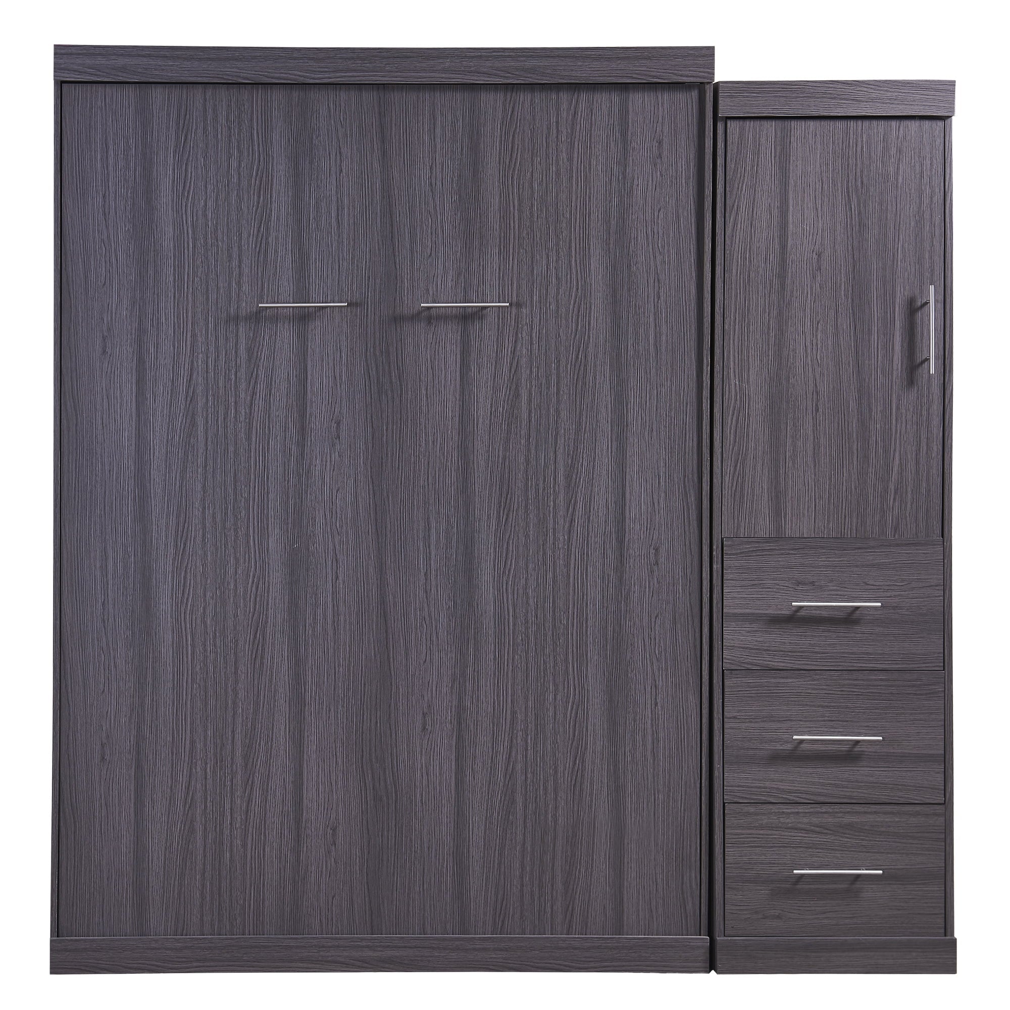 Euroco Wood Full Size Murphy Wall Bed with Wardrobe and Drawers for Living Room, Moveable Wardrobe and Drawers, Space - Saving & Easy Open and Close for Kids Teens Adults, Gray