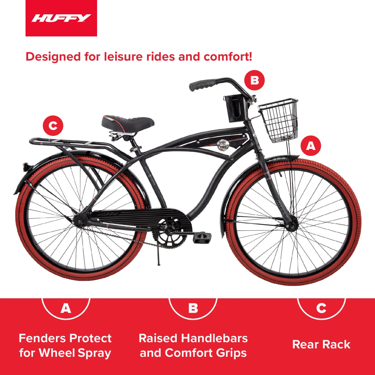 Huffy 26" Nel Lusso Cruiser Bike, Fits Riders 5'0"+, Matte Black, Adult, Men'S