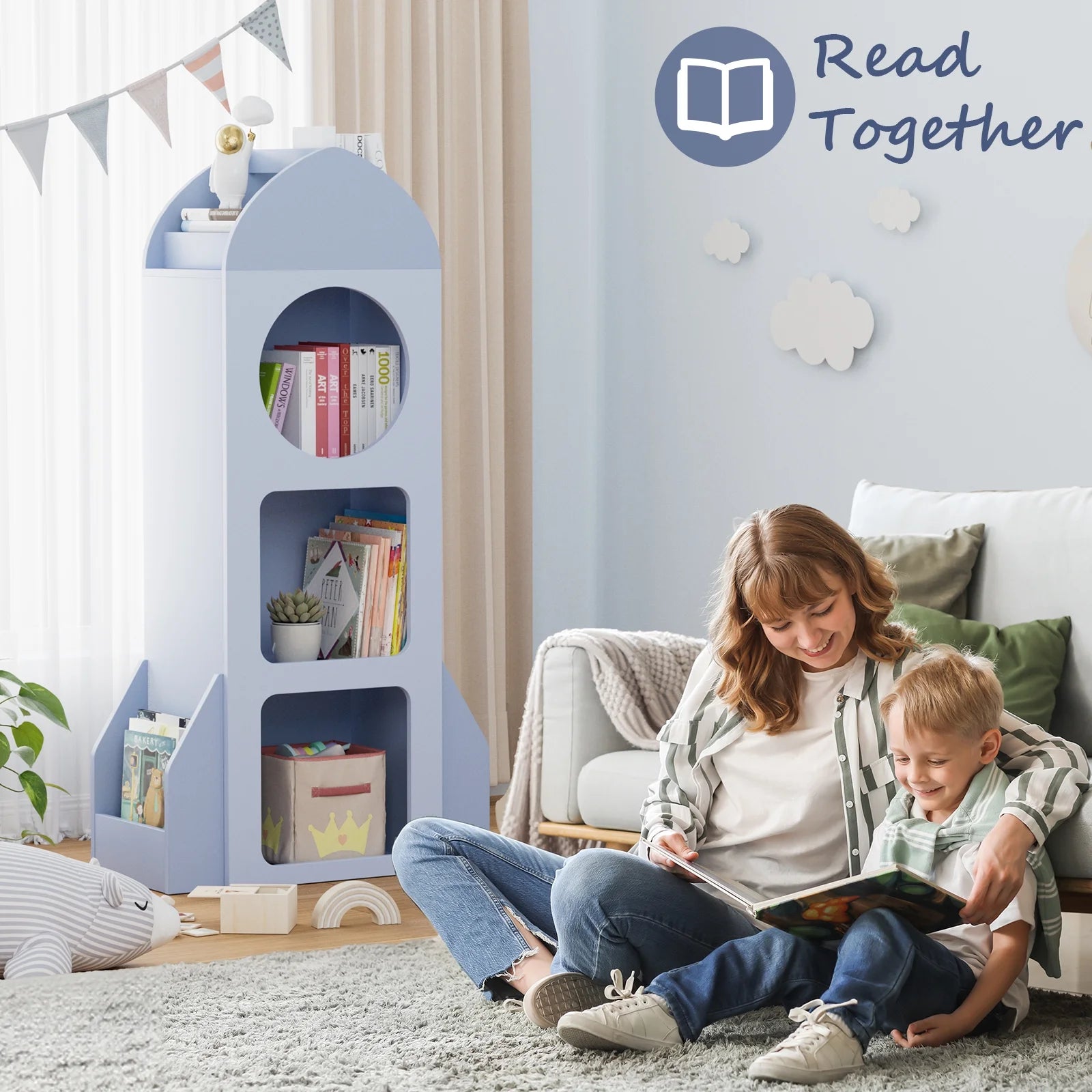 Pirecart Kids Bookshelf 3 - Tier Wooden Kids Bookcase with Toy Storage for Bedroom, Playroom, Nursery, Blue