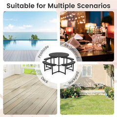 8 Person Round Outdoor Picnic Table Bench Set with Umbrella Hole, All-Weather HDPE Tabletop & Metal Frame for Patio Garden Yard