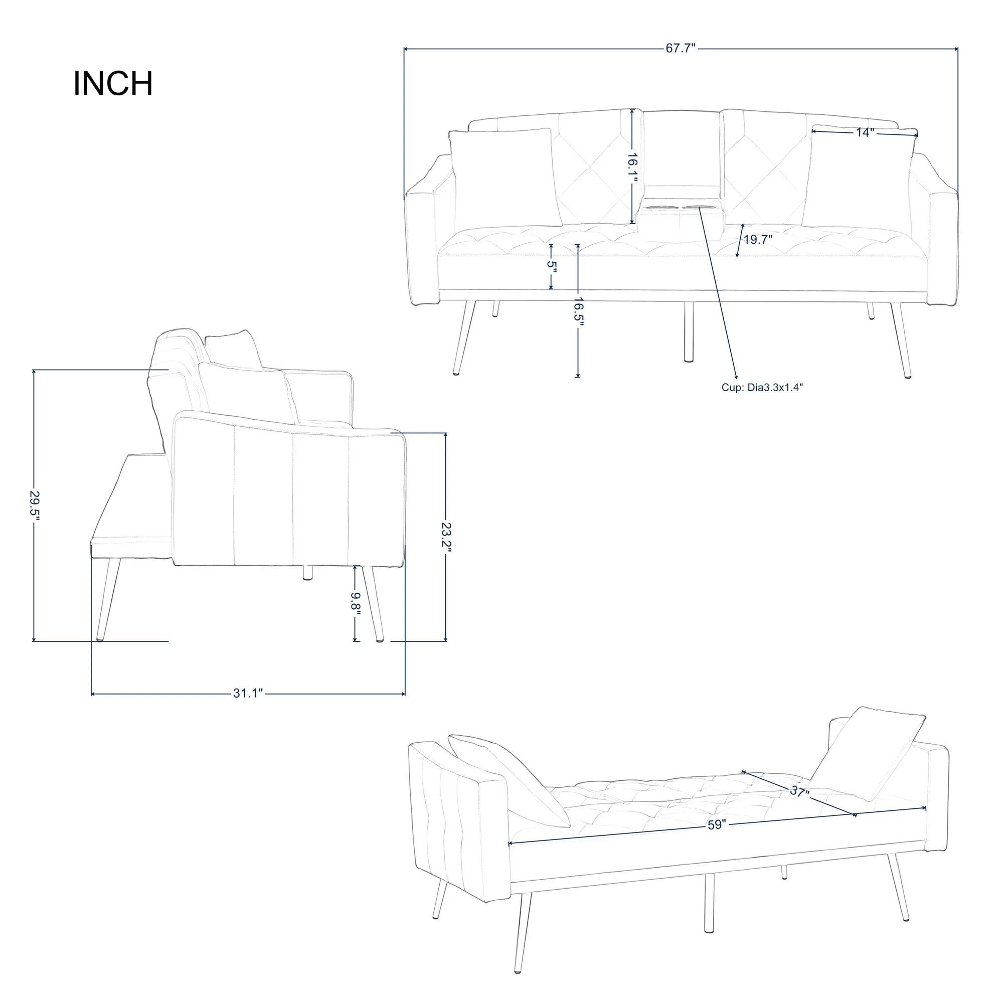 Aukfa 75" Square Arm Futon Convertible Sofa Bed for Home Office, 2 Cup Holders, Linen, Dark Gray