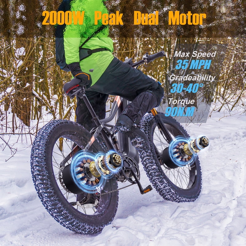 Dual Motors AWD 2000W Electric Bike for Adult 26'', UL2849 48V 30AH Removable Battery E - Mountain Bike 4.0 Fat Tire up to 35MPH&120miles Long Range Off - Road Ebike Beach Dual Hydraulic&Brakes E - Bicycle