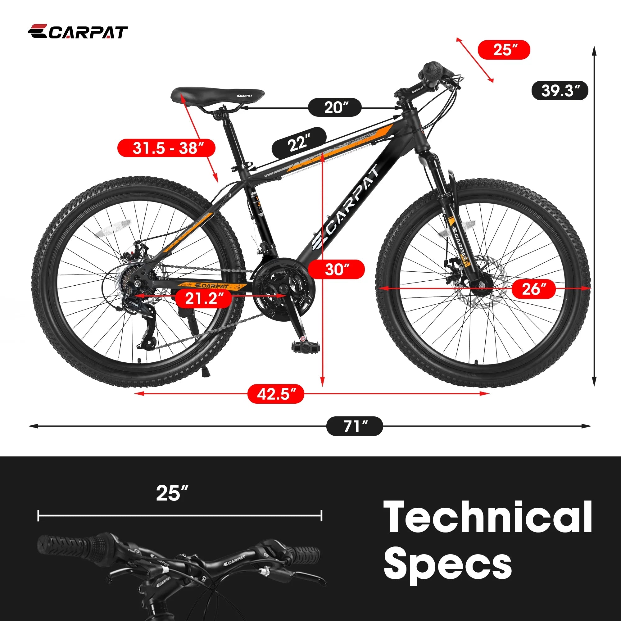 26 in Mountain Bike for Men, Adult Mountain Bike with Shimano 21 Speed & Disc Brakes, Black Orange