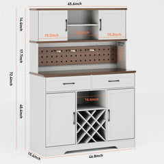 LAFGUR 72" Kitchen Storage Cabinet with Power Outlet & LED Light, Coffee Bar Cabinet with Drawers & Wine Glass Rack, Sideboard for Home, White