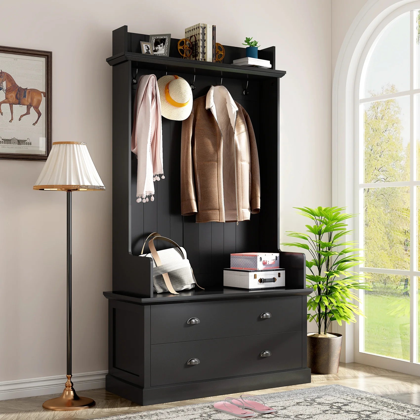Hall Tree with Upholstered Bench and Coat Rack, Entryway Bench with 3 Hooks, 3 Open Shelves, 2 Drawers & Storage Cabinets, Mudroom Bench with Storage and Hooks for Foyer, Entry Way, Hallway (Beige)