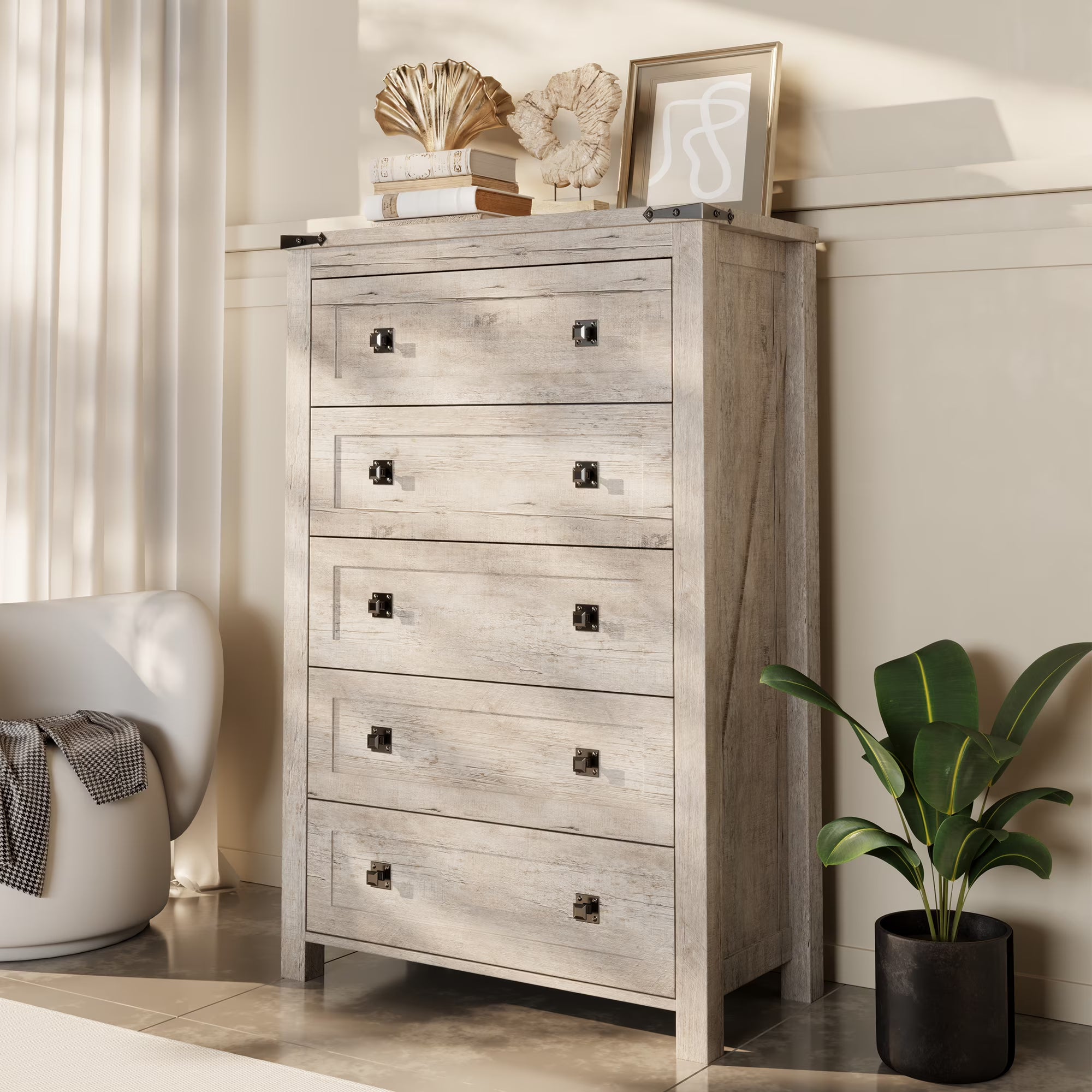 Keywhat Farmhouse 5 Drawer Dresser for Bedroom, Chest of Drawers Wood Organizer for Living Room, Antique White