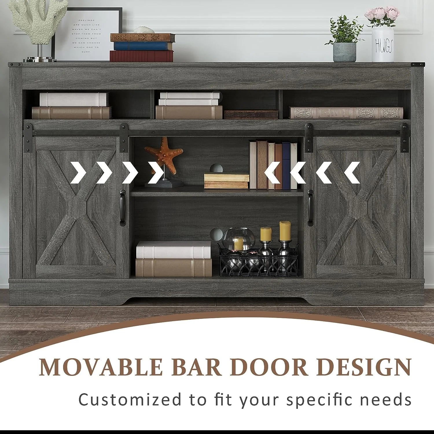 Mayincolor Farmhouse TV Stand for 65+ Inch TV, 34'' Tall Entertainment Center with Sliding Barn Doors, Rustic Wood Media Console Storage Cabinet Television Stand for Living Room, Light Grey