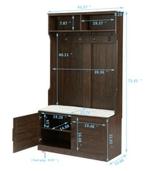 Entryway Hall Tree with Storage Bench, Wooden Coat Rack with Sponge Pad and 4 Dual Hooks, Storage Shelf Organizer with 2 - Door Cabinet for Entryway, Bedroom, Easy to Assemble