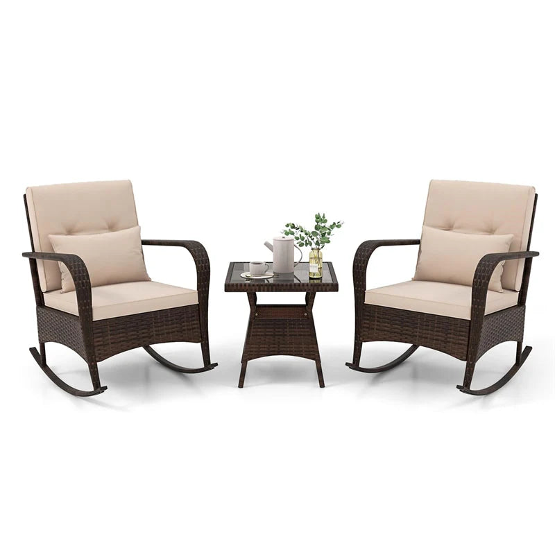 3-Piece Outdoor Wicker Rocking Chair Set, Rattan Bistro Rocker Furniture with Cushions & Pillows, Tempered Glass Coffee Table for Porch Balcony