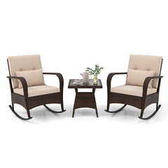 3-Piece Outdoor Wicker Rocking Chair Set, Rattan Bistro Rocker Furniture with Cushions & Pillows, Tempered Glass Coffee Table for Porch Balcony