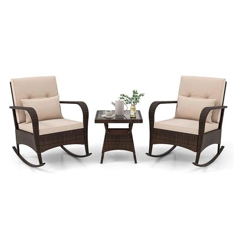 3-Piece Outdoor Wicker Rocking Chair Set, Rattan Bistro Rocker Furniture with Cushions & Pillows, Tempered Glass Coffee Table for Porch Balcony